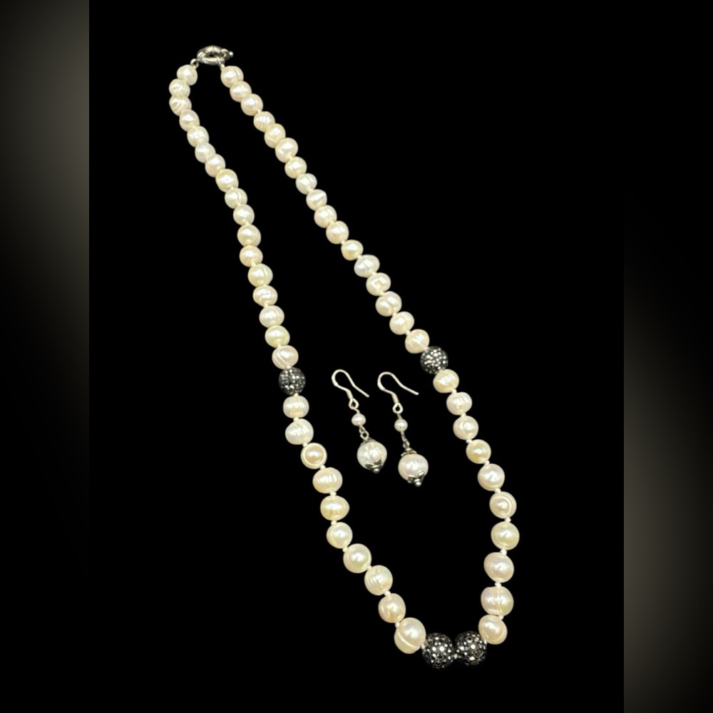 Vintage Swarovski Crystal Pearl Necklace and Sterling Pearl Earring Set